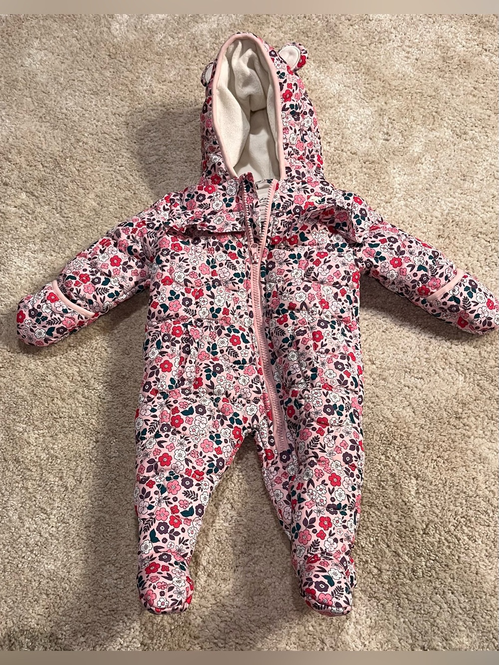 BEARPAW Hooded Zip Lined Snowsuit Girls Pink Floral 6-9 Months